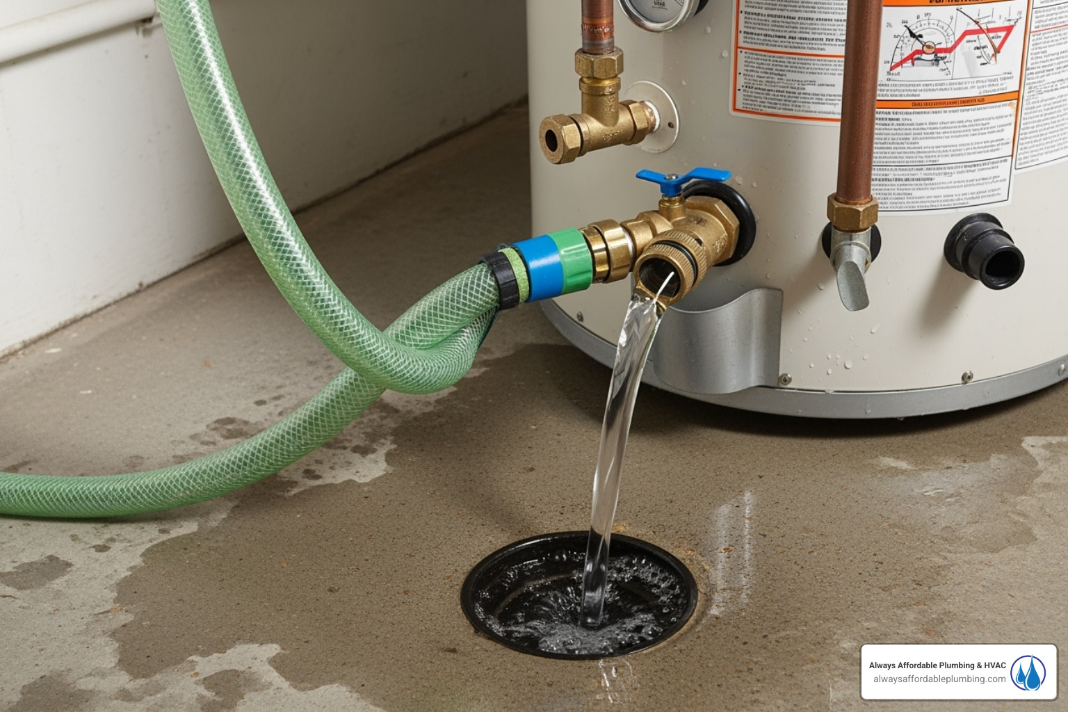 A garden hose connected to a water heater drain valve, with water flowing into a nearby drain - Water heater maintenance