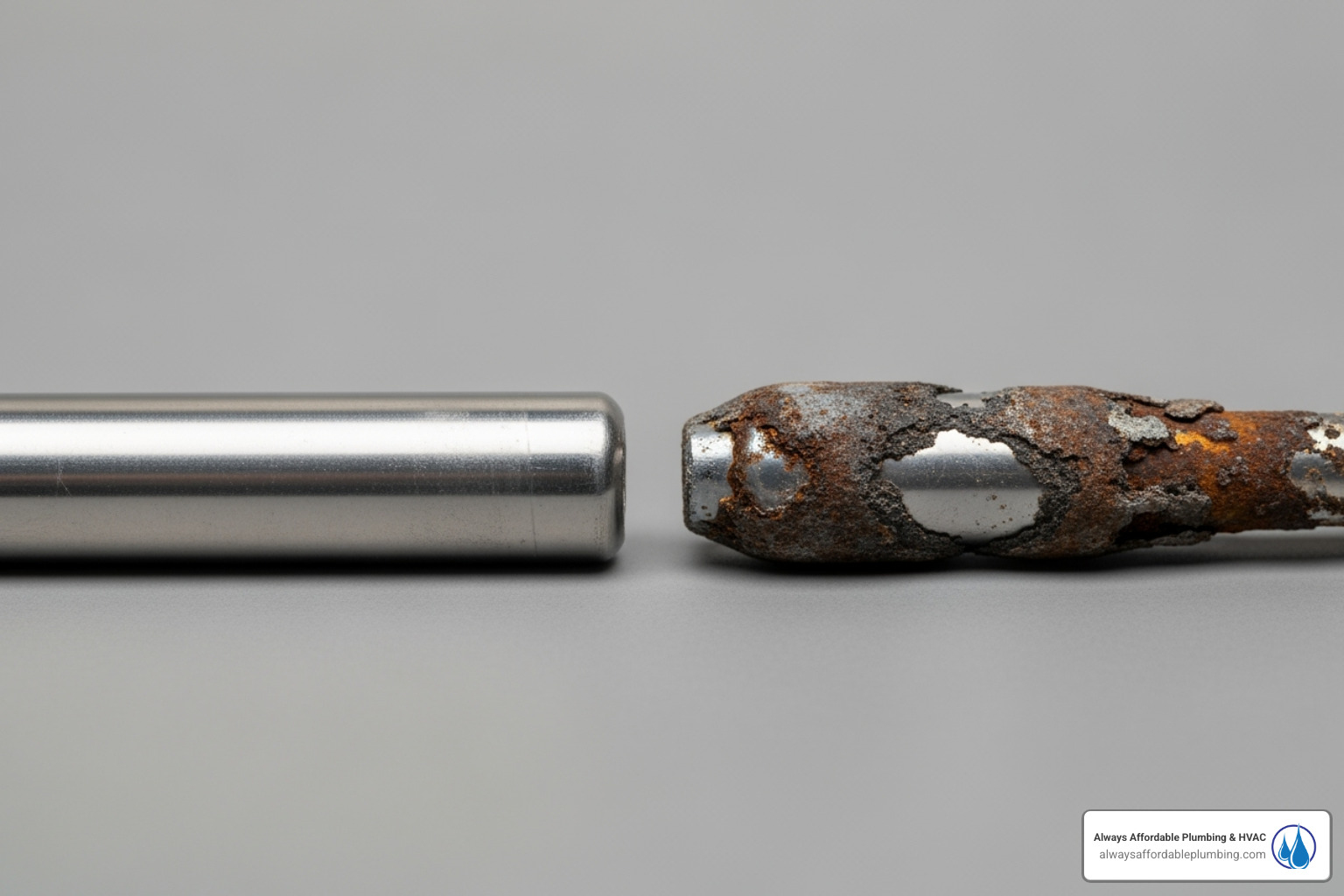 A new, clean anode rod next to a severely corroded and depleted anode rod - Water heater maintenance