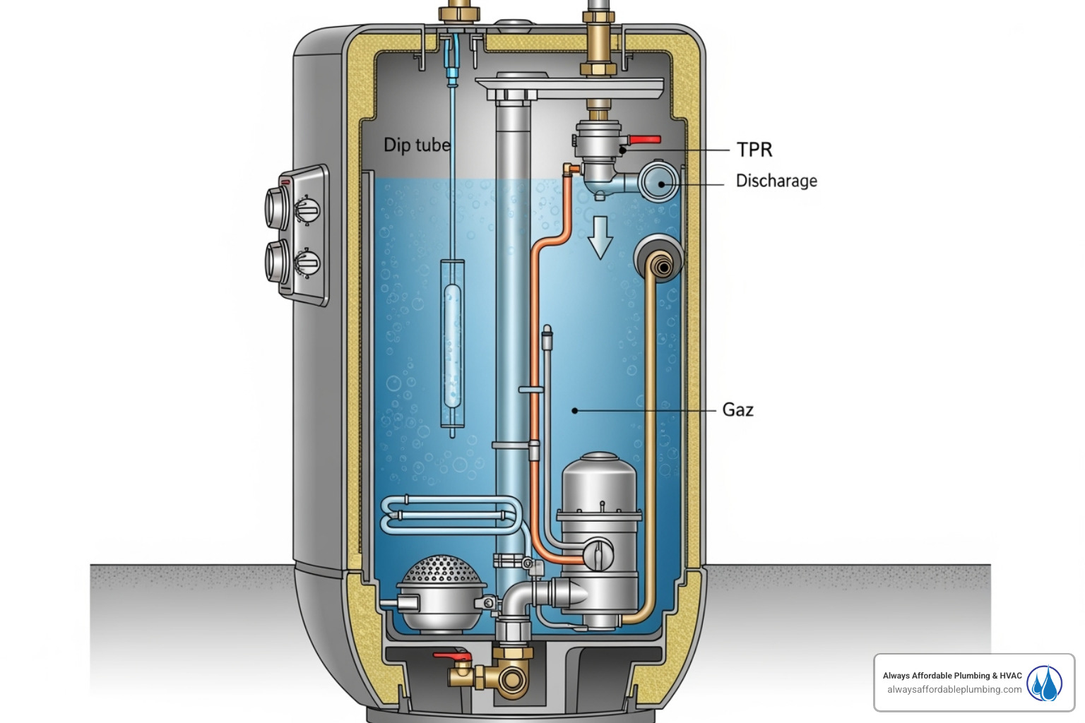 Diagram of a standard tank water heater with labeled parts: Tank, Heating elements (electric), Burner assembly (gas), Thermostat, Anode rod, Dip tube, Drain valve, TPR valve, Shut-off valve - Water heater maintenance