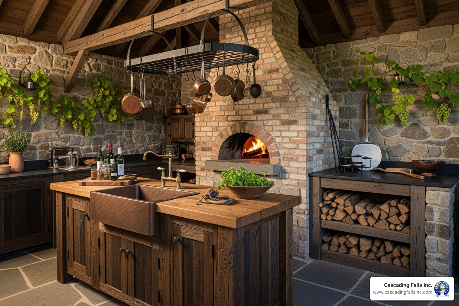 Rustic stone and wood summer kitchen with a brick pizza oven - summer kitchen ideas
