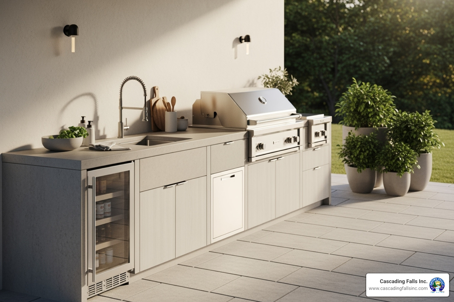 Minimalist summer kitchen with clean lines and stainless steel appliances - summer kitchen ideas