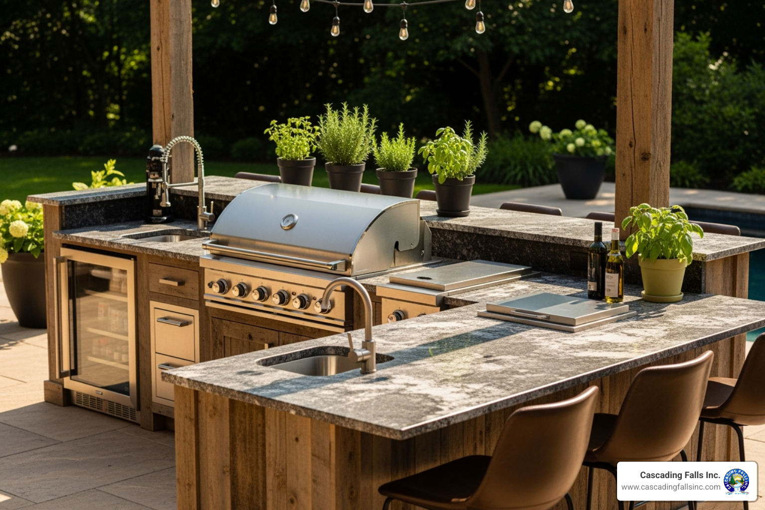 Well-equipped outdoor kitchen island with a built-in grill and bar seating - summer kitchen ideas