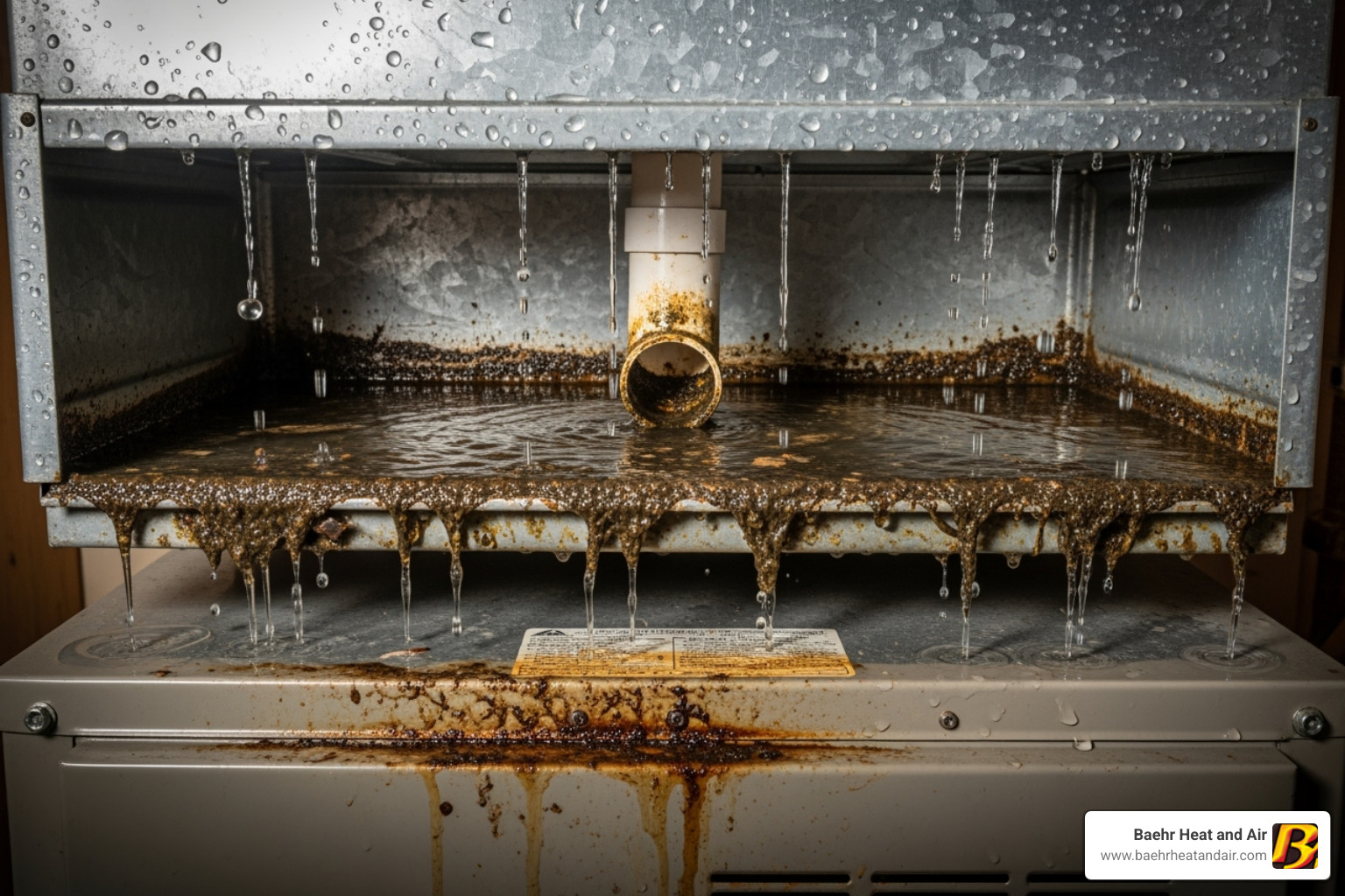 clogged and overflowing AC drain pan located above a furnace - Furnace leaking water
