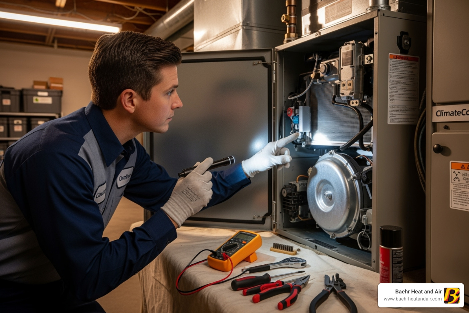 technician inspecting a furnace's internal components - Furnace leaking water