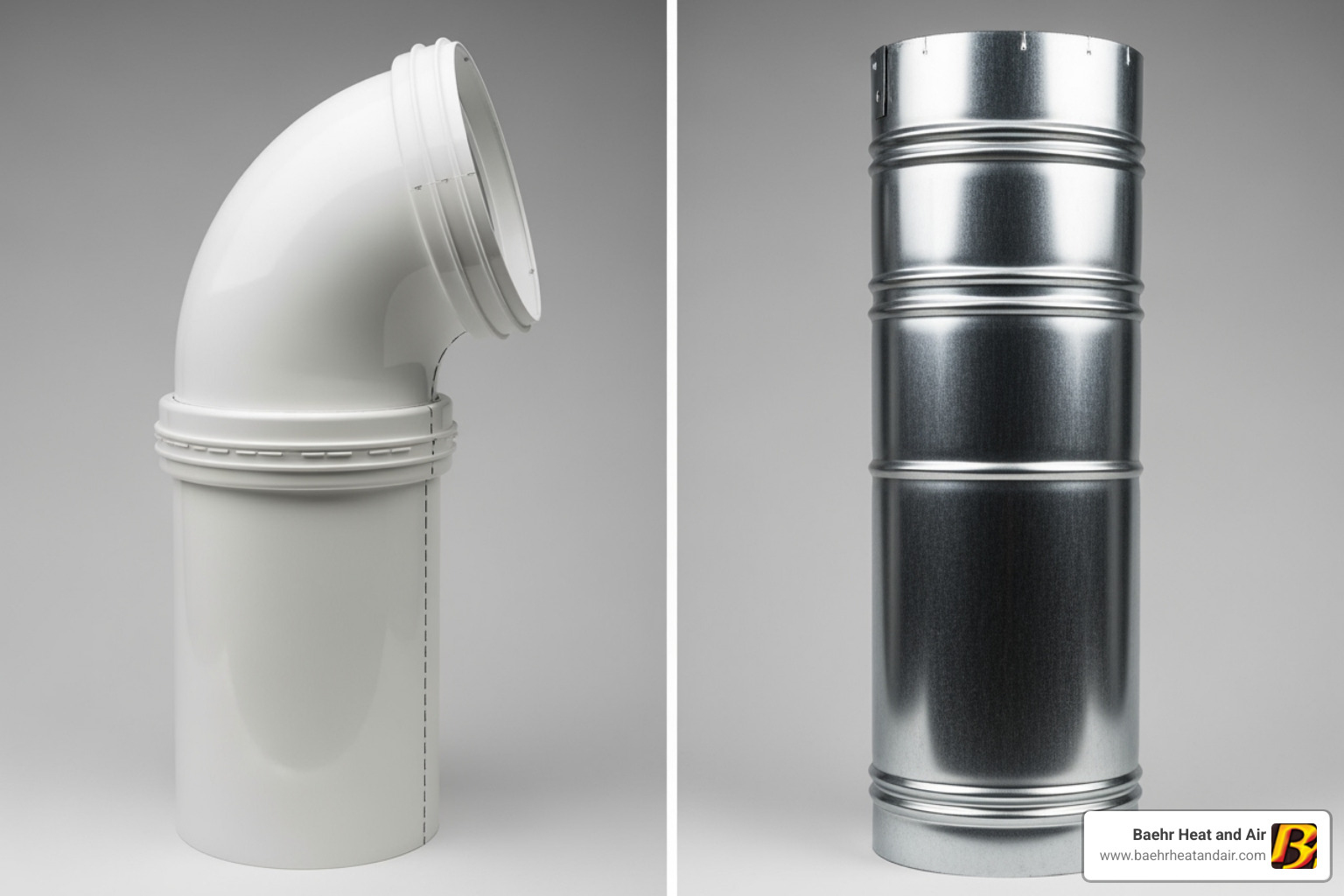 image showing a side-by-side comparison of a white PVC vent pipe (high-efficiency) and a metal vent pipe (standard-efficiency) - Furnace leaking water