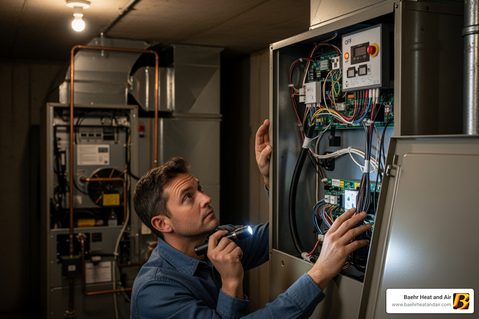 homeowner safely looking at an HVAC unit's control panel with the power off - Heat pump control board