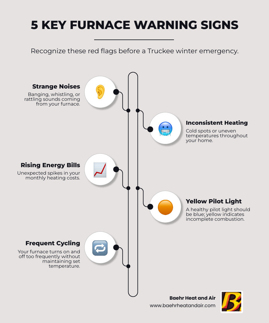 Infographic showing 5 warning signs your Truckee furnace needs repair: strange noises like banging or whistling, inconsistent heating throughout your home, unexplained increases in energy bills, yellow pilot light instead of blue, and frequent on-off cycling - furnace repair truckee infographic infographic-line-5-steps-neat_beige Infographic showing 5 warning signs your Truckee furnace needs repair: strange noises like banging or whistling, inconsistent heating throughout your home, unexplained increases in energy bills, yellow pilot light instead of blue, and frequent on-off cycling - furnace repair truckee infographic infographic-line-5-steps-neat_beige