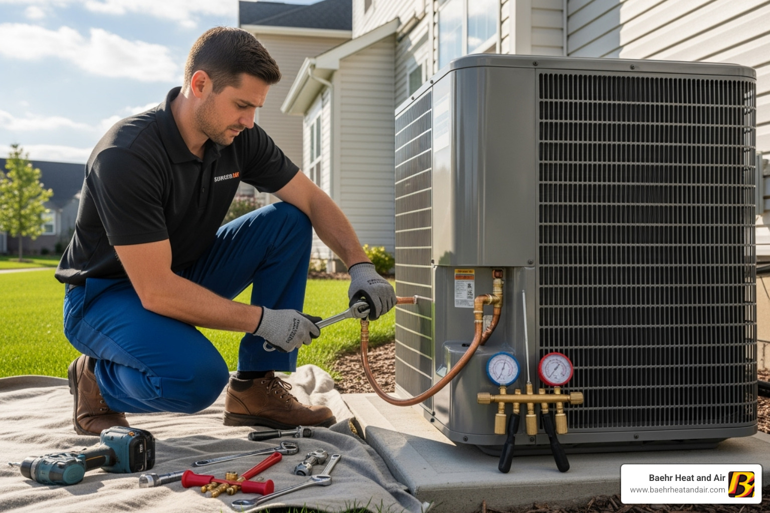 professional technician carefully installing a new AC unit - ac installation auburn ca professional technician carefully installing a new AC unit - ac installation auburn ca