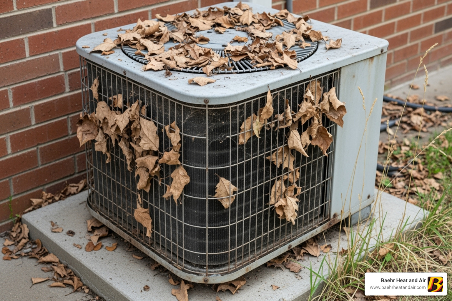 an outdoor AC unit covered in dust and leaves - ac repair grass valley