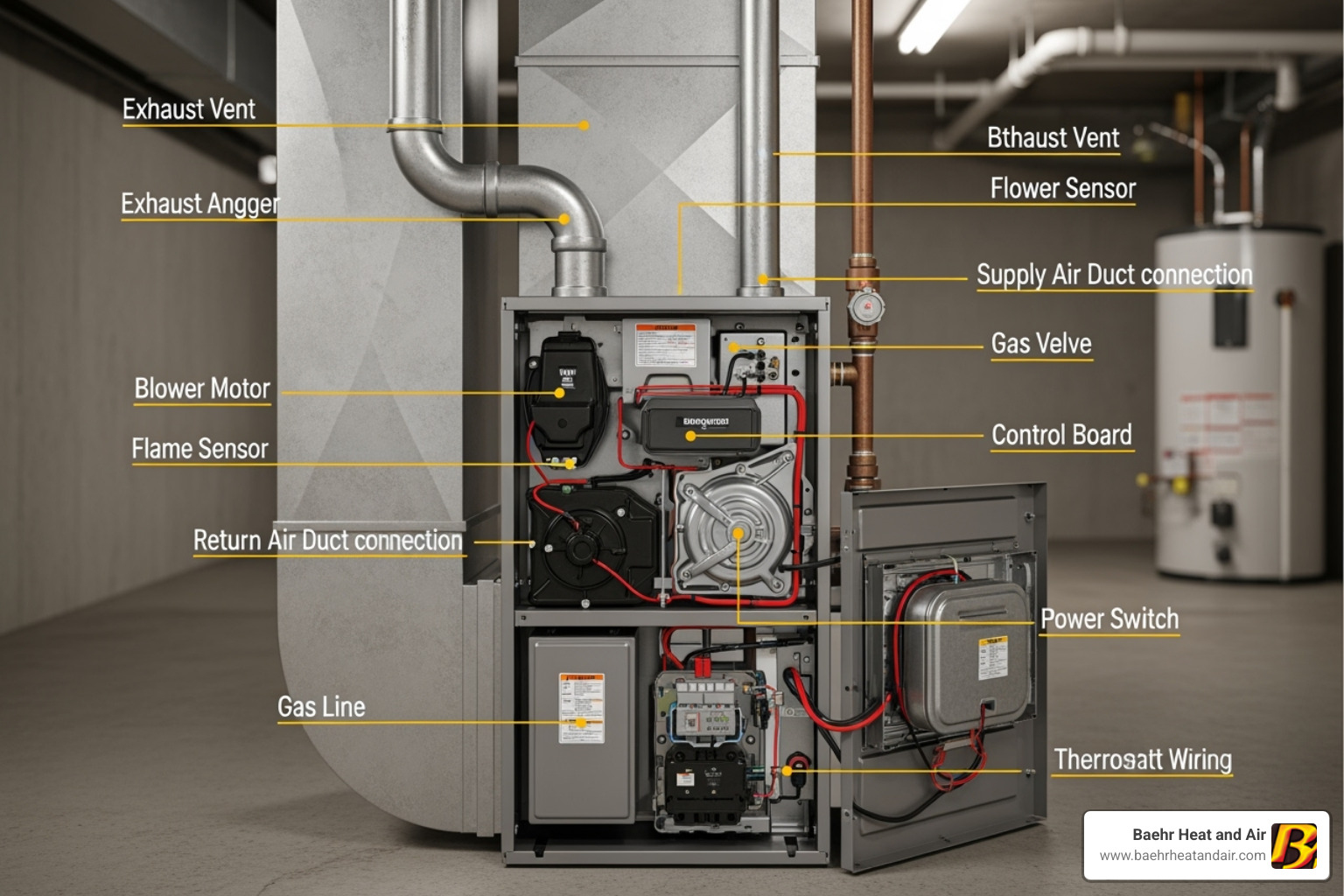 a furnace unit with labels pointing to key components - furnace repair auburn