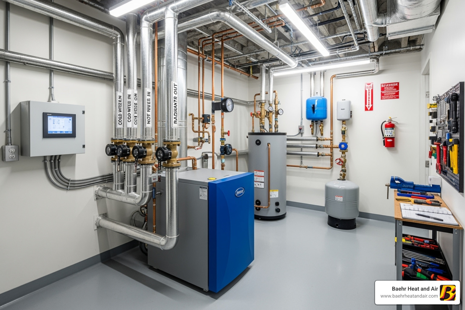 A clean, well-maintained boiler room - boiler water leak A clean, well-maintained boiler room - boiler water leak