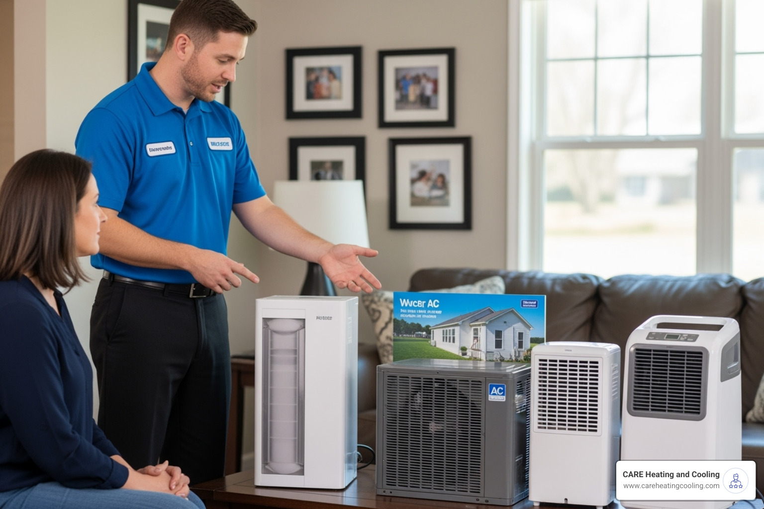 technician showing homeowner different AC unit options - ac replacement ohio technician showing homeowner different AC unit options - ac replacement ohio