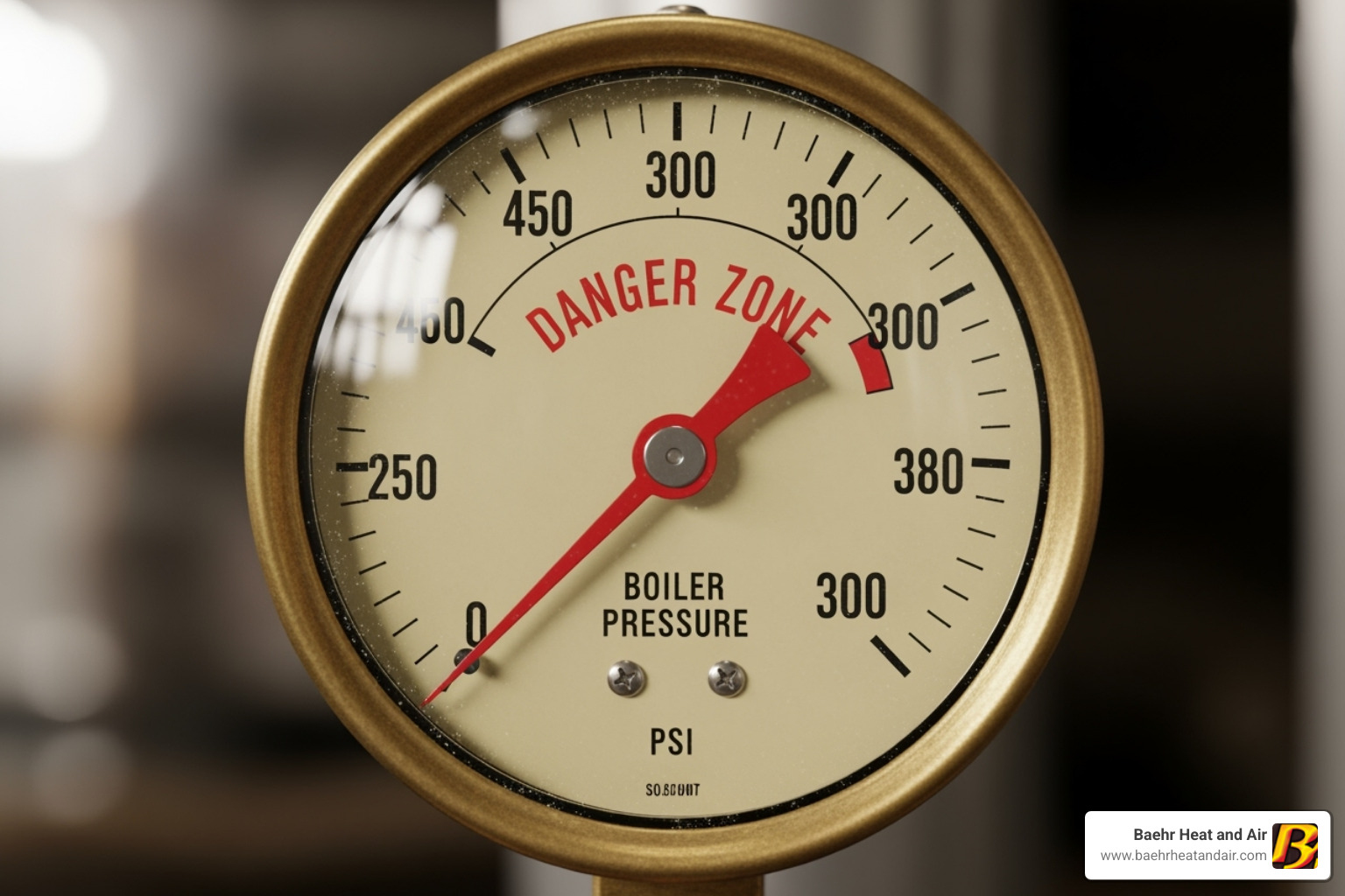 Boiler pressure gauge with the needle in the red zone - boiler water leak Boiler pressure gauge with the needle in the red zone - boiler water leak