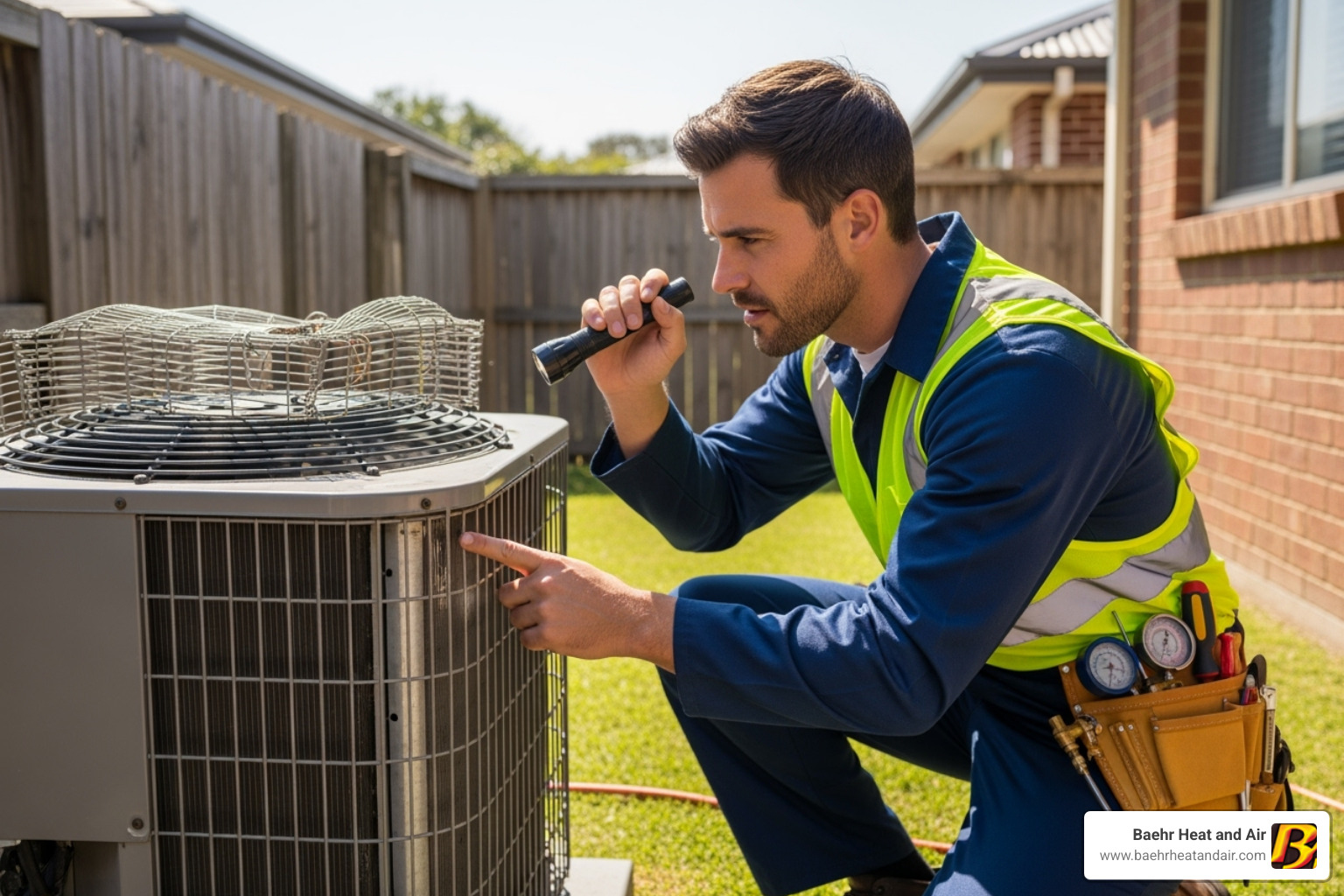 HVAC technician inspecting outdoor AC unit - hvac services auburn