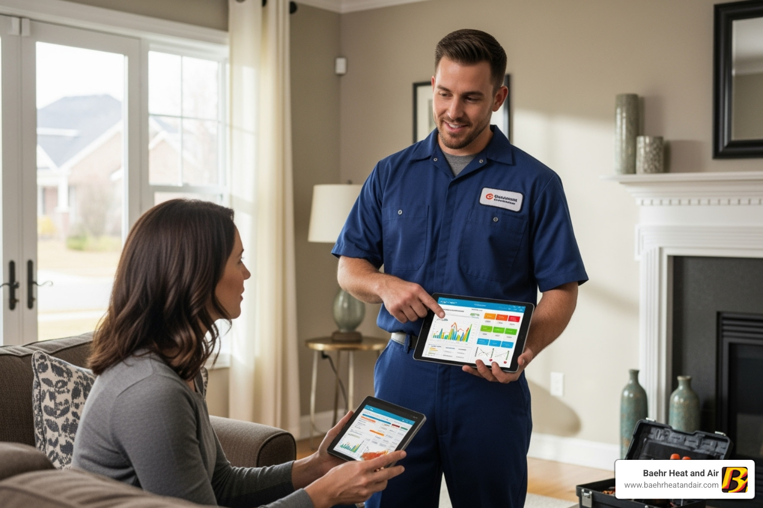 A friendly, uniformed technician explaining a diagnostic report to a homeowner - air con lincoln A friendly, uniformed technician explaining a diagnostic report to a homeowner - air con lincoln