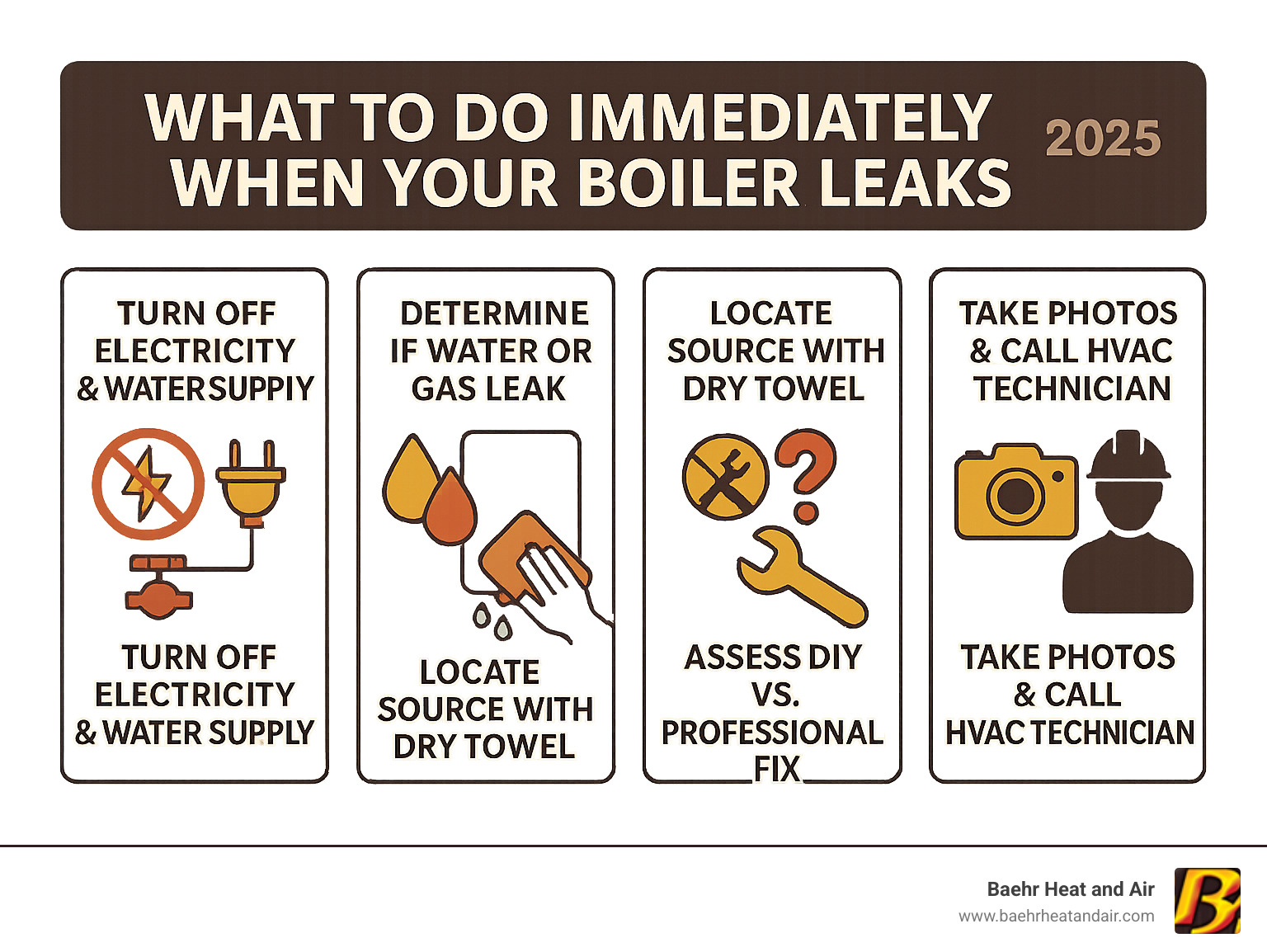 Infographic showing immediate steps when finding a boiler leak: 1. Turn off electricity and water supply, 2. Determine if leak is water or gas, 3. Locate source with dry towel method, 4. Assess if DIY fix or professional help needed, 5. Take photos and call licensed HVAC technician for complex repairs - boiler water leak infographic  Infographic showing immediate steps when finding a boiler leak: 1. Turn off electricity and water supply, 2. Determine if leak is water or gas, 3. Locate source with dry towel method, 4. Assess if DIY fix or professional help needed, 5. Take photos and call licensed HVAC technician for complex repairs - boiler water leak infographic