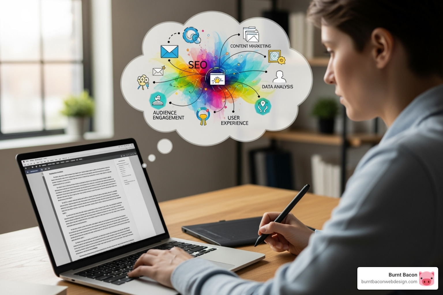 A person writing high-quality content on a laptop, with a thought bubble above their head showing keywords and user intent - improve Google ranking