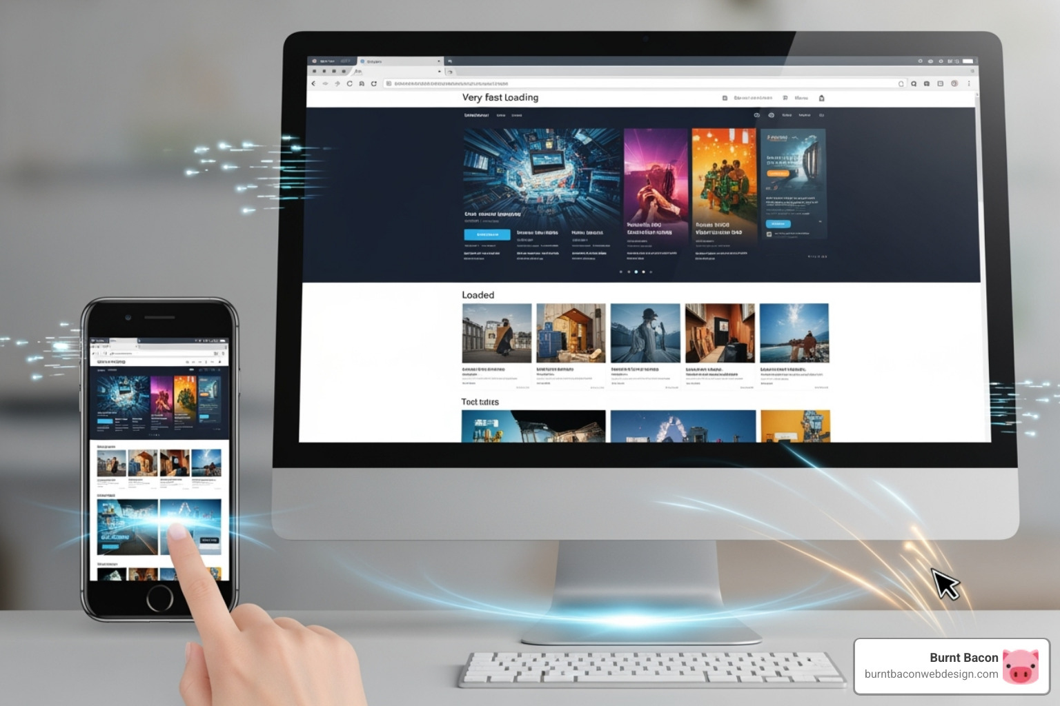 A website loading quickly on a mobile phone and desktop, showing fast performance indicators - improve Google ranking