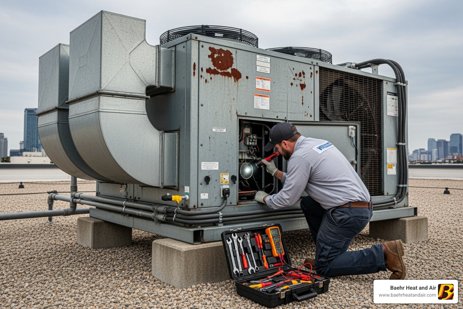 technician inspecting older commercial HVAC unit - heat pump installation company