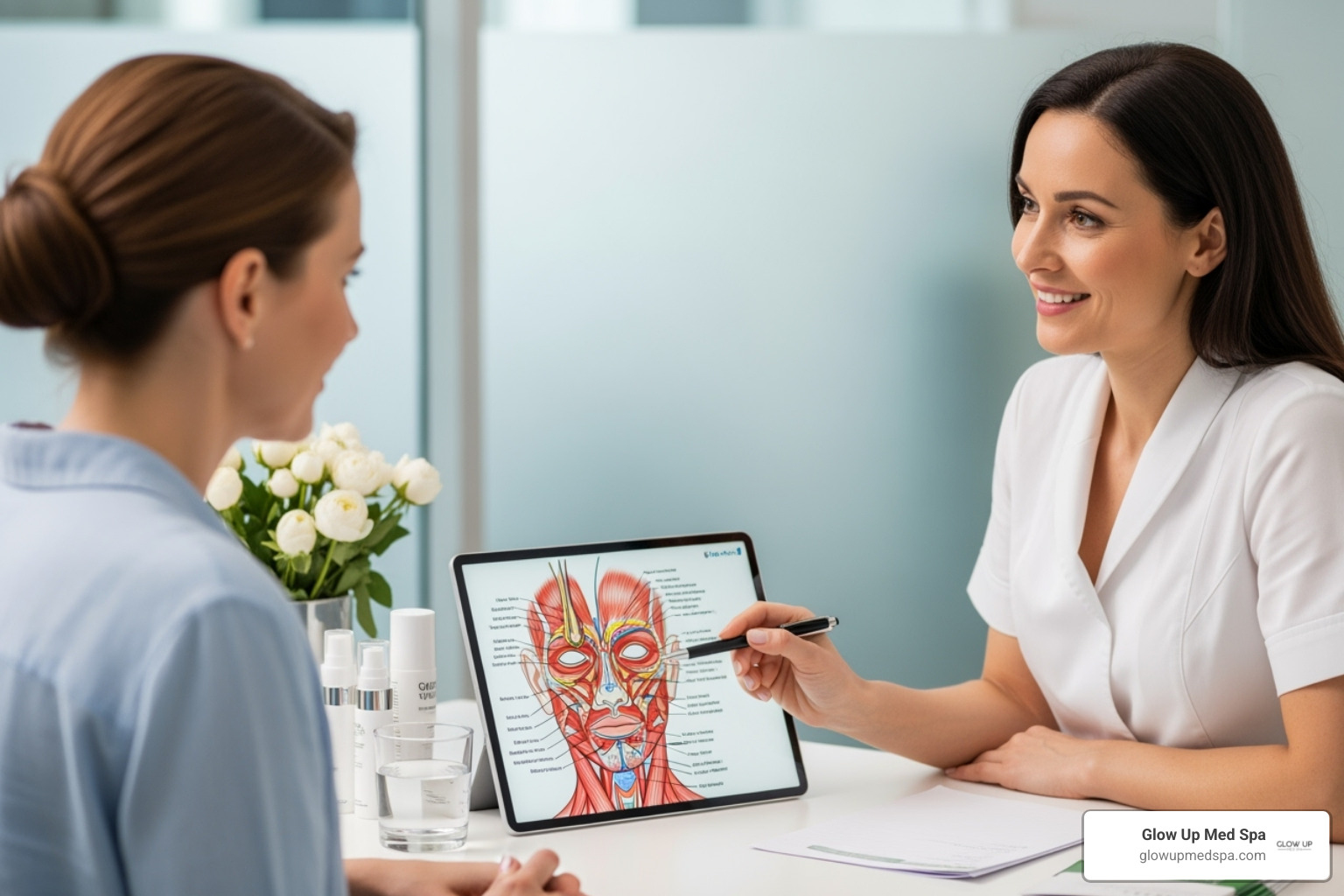 Patient consulting with a professional aesthetician, pointing to a diagram of the face - skin rejuvenation treatments