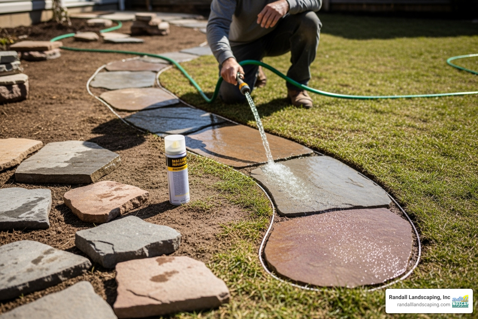 person laying out flagstone path with garden hose and marking paint - building a flagstone walkway