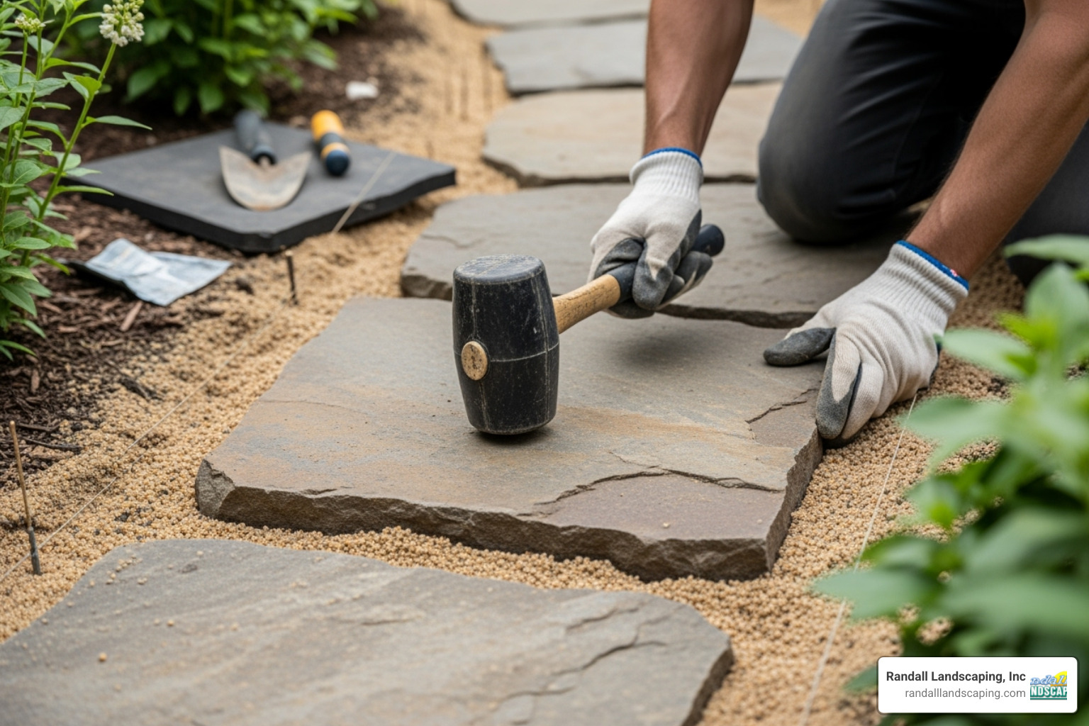 person setting flagstone with rubber mallet - building a flagstone walkway