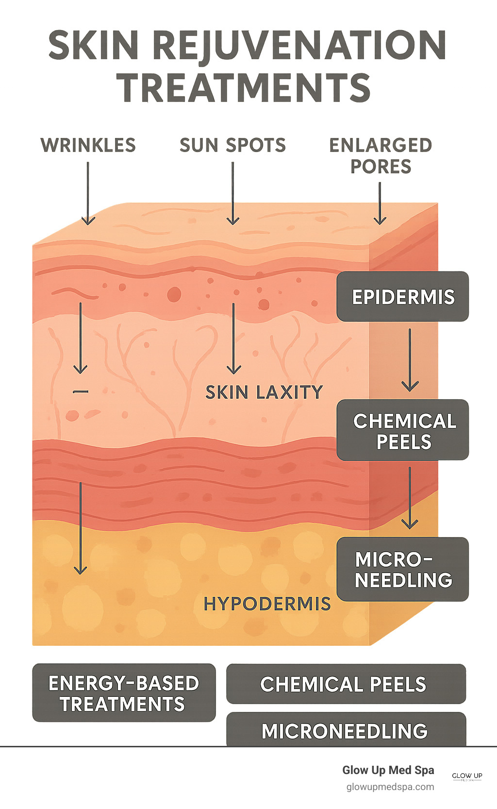 Detailed infographic showing the three layers of skin (epidermis, dermis, hypodermis) with common aging concerns like wrinkles, sun spots, enlarged pores, and skin laxity marked at their respective depths, along with arrows indicating how different treatments target each layer - skin rejuvenation treatments infographic 