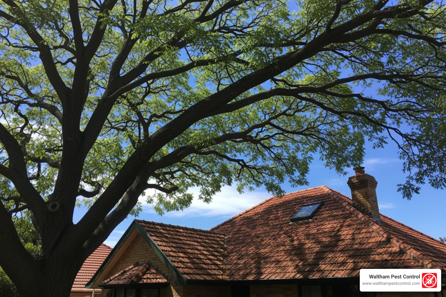 tree with branches overhanging a roof - raccoon in roof tree with branches overhanging a roof - raccoon in roof