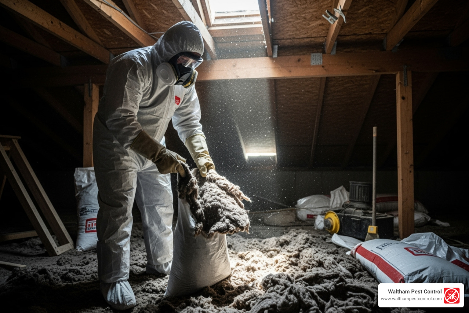 professional in full protective gear cleaning contaminated attic insulation - raccoon in roof professional in full protective gear cleaning contaminated attic insulation - raccoon in roof