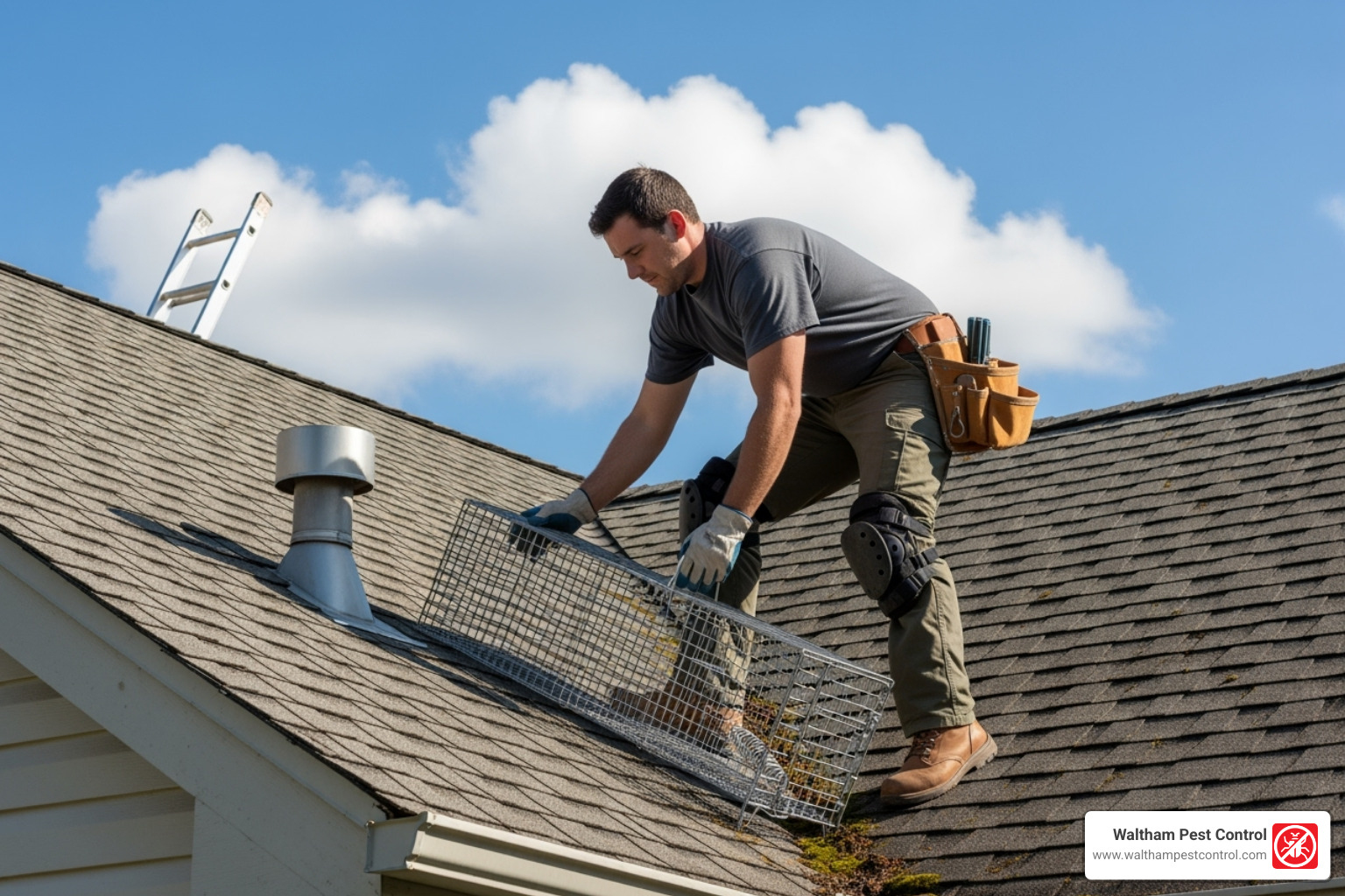 professional wildlife technician setting a humane trap on a roof - raccoon in roof professional wildlife technician setting a humane trap on a roof - raccoon in roof
