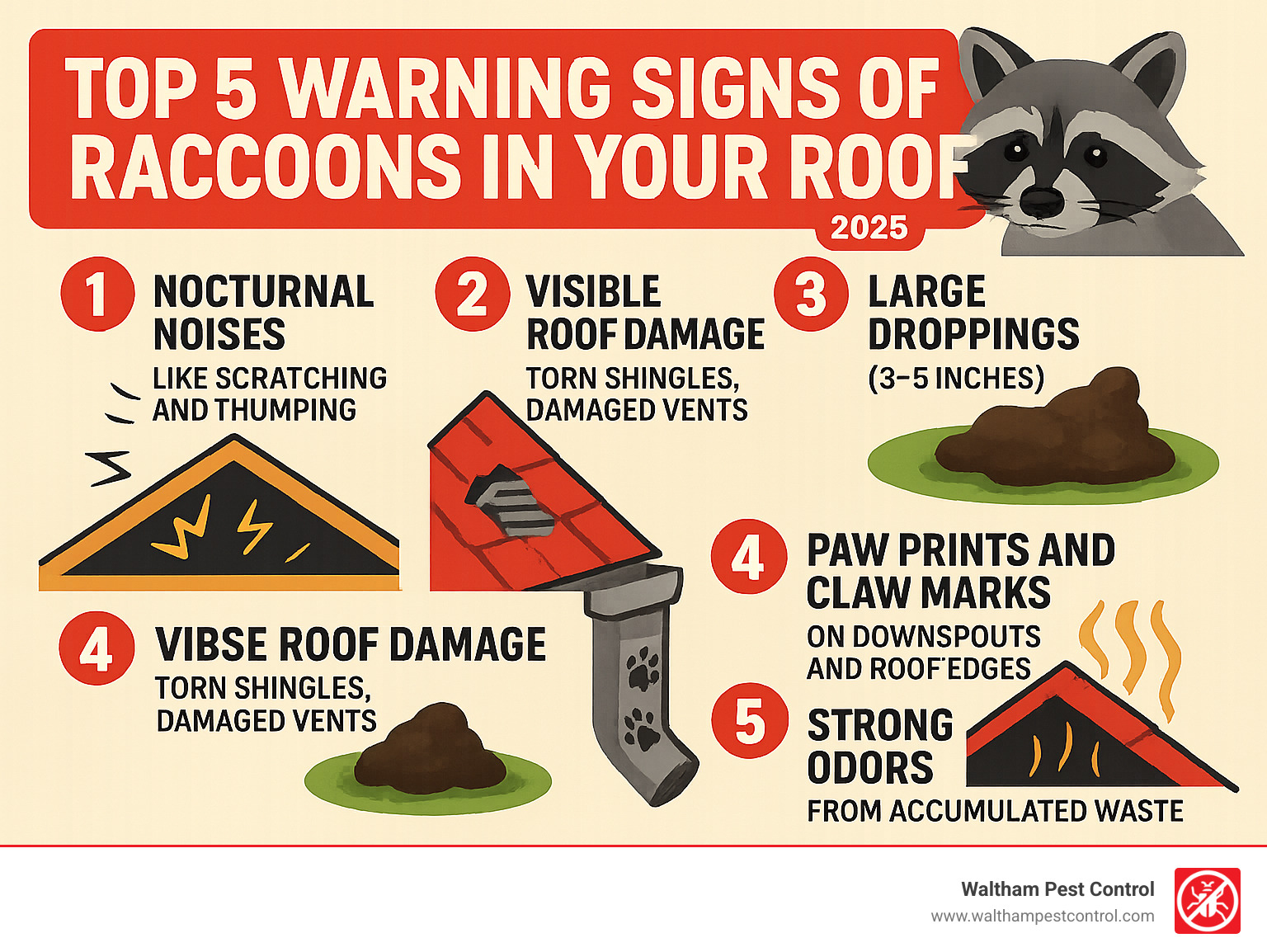 Infographic showing the top 5 warning signs of raccoons in your roof: nocturnal noises like scratching and thumping, visible roof damage including torn shingles and damaged vents, large droppings 3-5 inches in size found on roof or property, paw prints and claw marks on downspouts and roof edges, and strong odors from accumulated waste in attic spaces - raccoon in roof infographic Infographic showing the top 5 warning signs of raccoons in your roof: nocturnal noises like scratching and thumping, visible roof damage including torn shingles and damaged vents, large droppings 3-5 inches in size found on roof or property, paw prints and claw marks on downspouts and roof edges, and strong odors from accumulated waste in attic spaces - raccoon in roof infographic