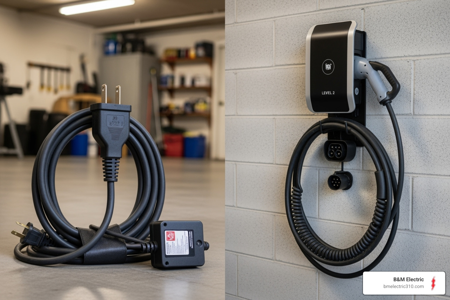 side-by-side of a Level 1 cord and a wall-mounted Level 2 charger - charging electric car at home hermosa beach