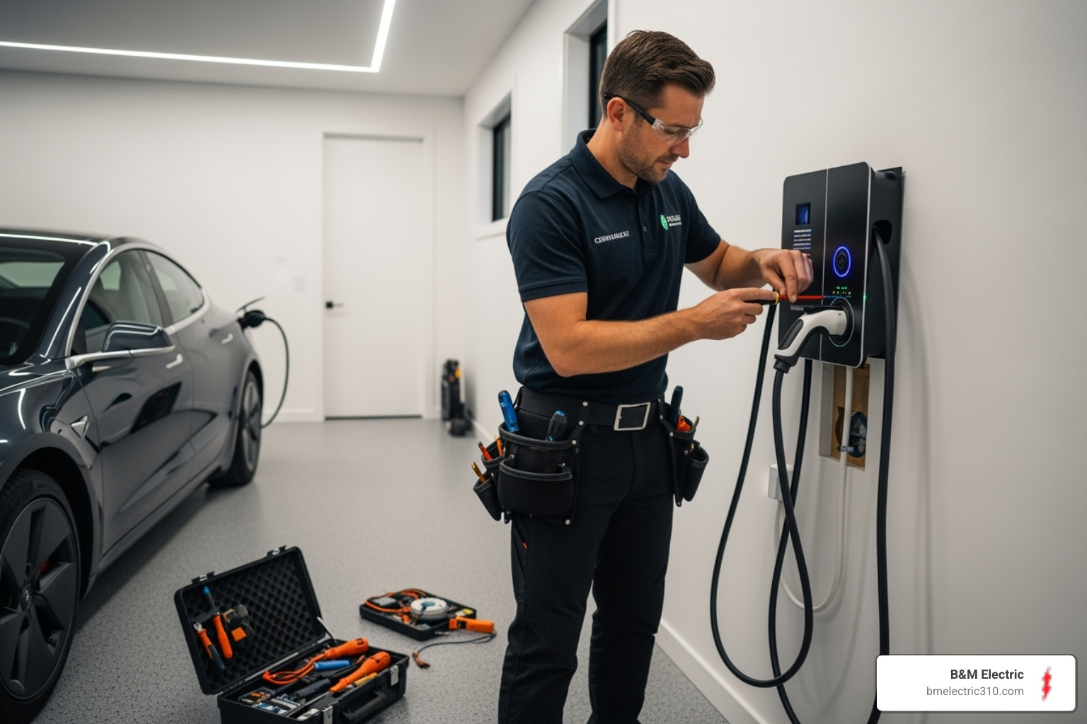 certified electrician installing a Level 2 charger in a clean garage - charging electric car at home hermosa beach