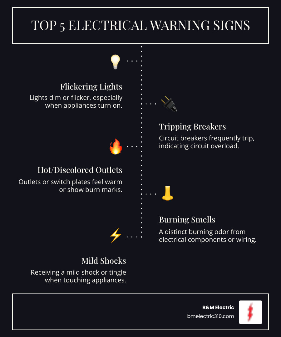 Infographic showing the top 5 electrical warning signs: flickering lights with frequency indicators, circuit breaker panel with tripping patterns, electrical outlets with heat/discoloration markers, burning smell detection zones, and shock risk areas from appliances - nearest electrician near me infographic infographic-line-5-steps-dark