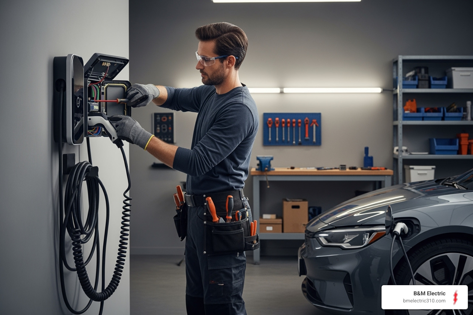 electrician installing modern EV charger in a garage - nearest electrician near me