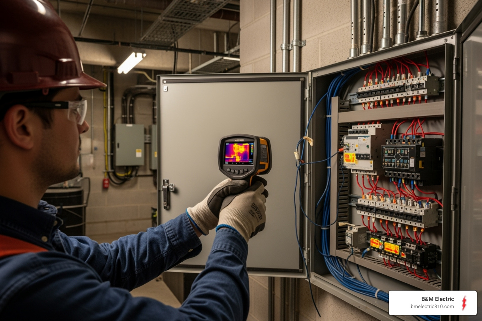 Electrician performing thermal imaging scan - commercial electrical code compliance