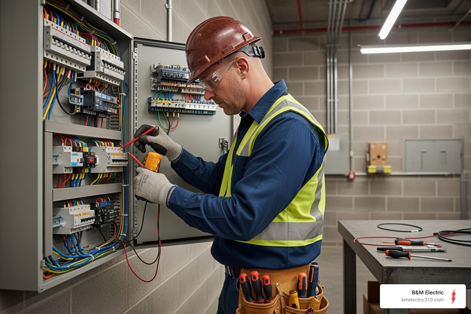 Licensed commercial electrician working on panel - commercial electrical code compliance