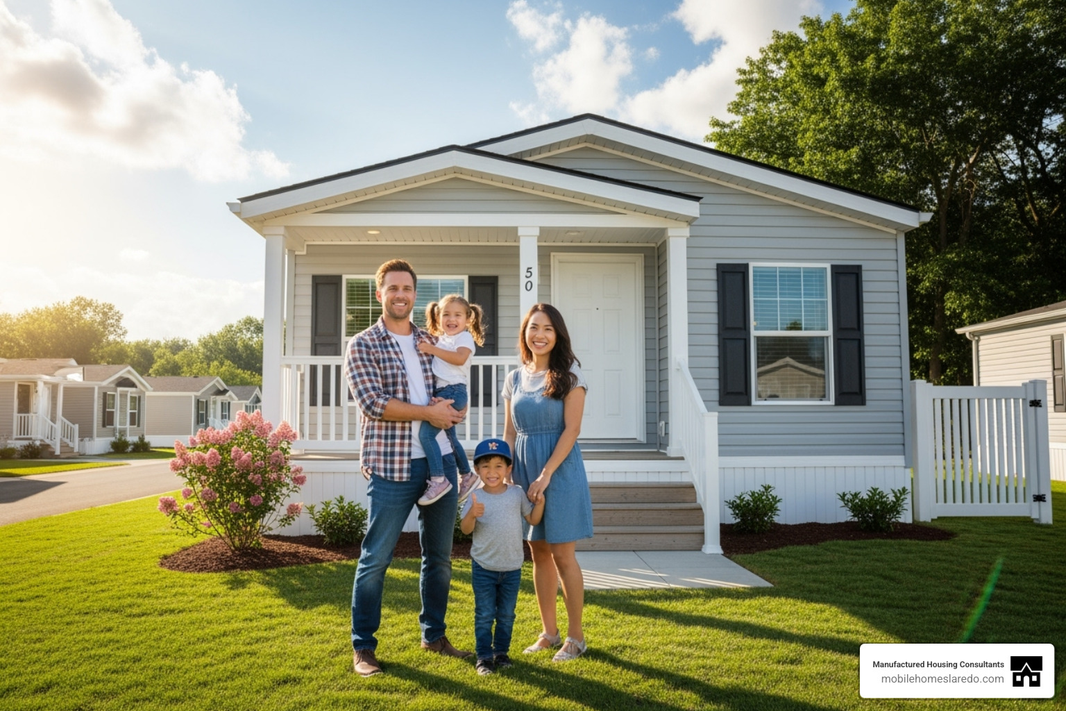 Happy family standing in front of their new manufactured home - mobile home brands list Happy family standing in front of their new manufactured home - mobile home brands list