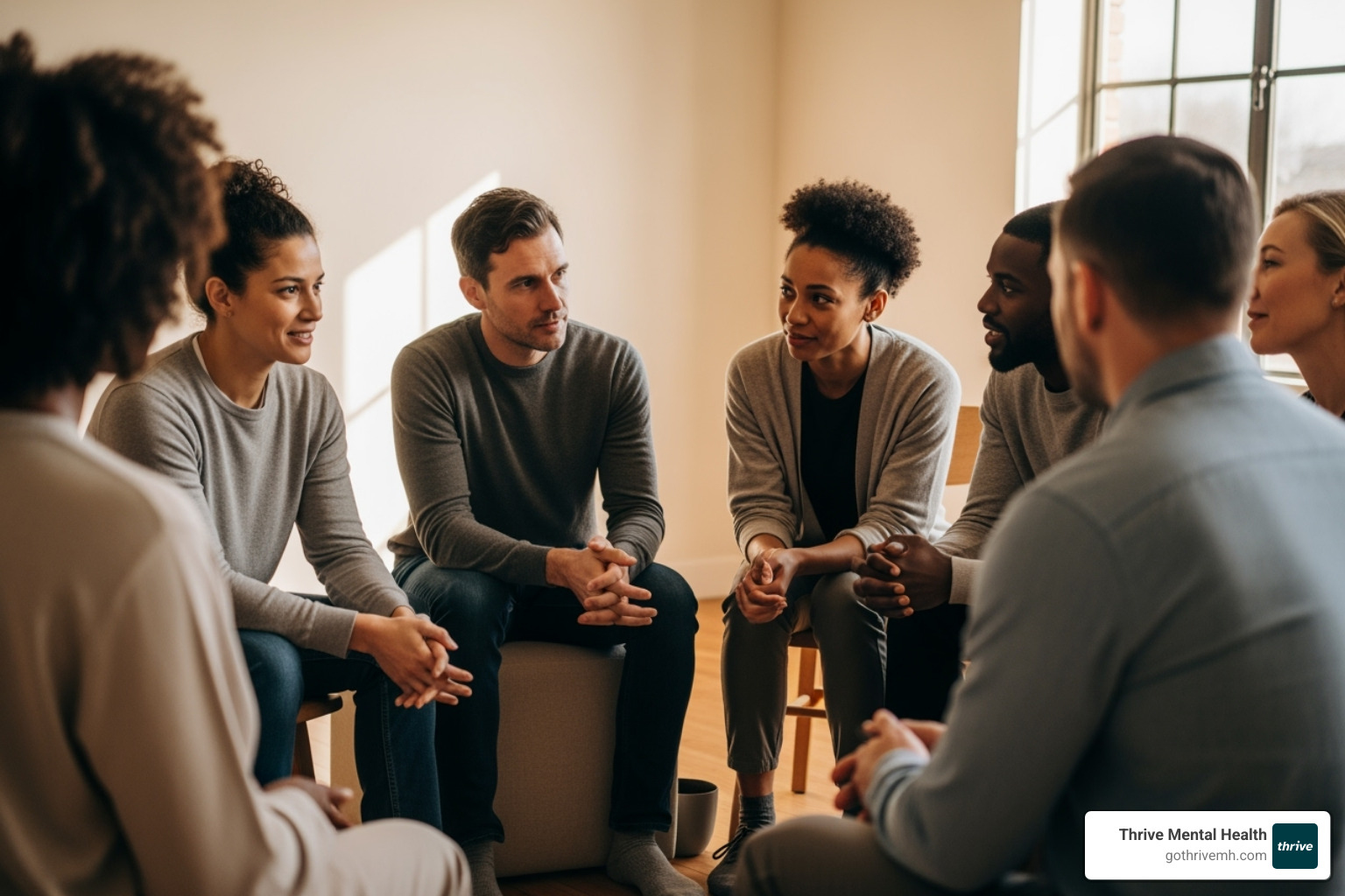 A diverse group of people participating in a supportive group therapy session, fostering connection and healing. - mental health counseling tampa