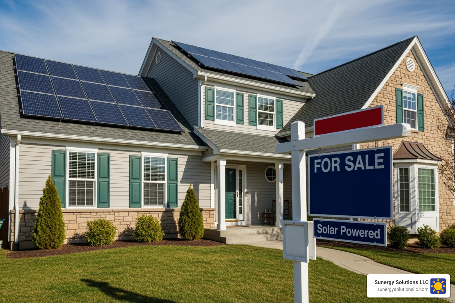 For Sale sign with a Solar Powered rider in front of a suburban home - solar panel installation reviews
