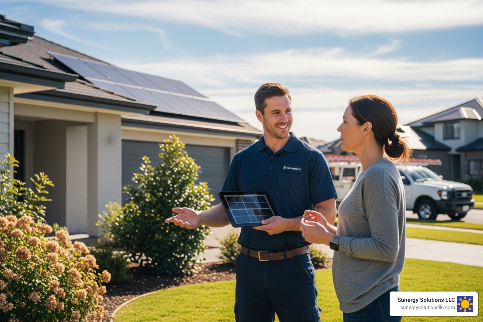 friendly solar installer in uniform talking with a homeowner in front of their house - solar panel installation reviews