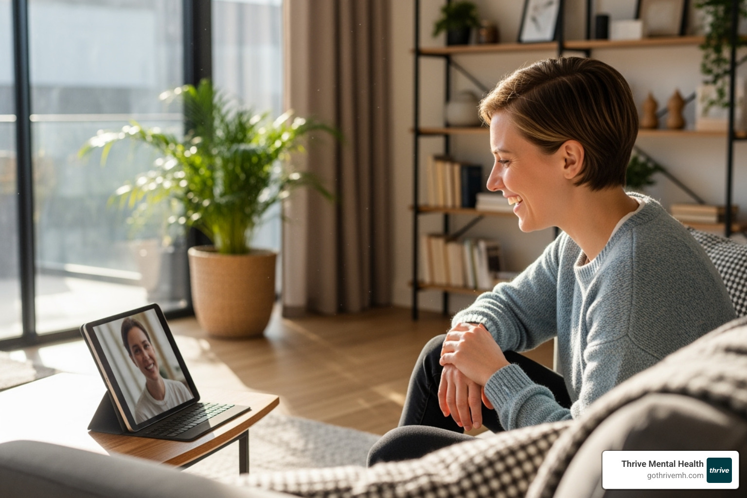 A person smiling and engaged in a video therapy session on a tablet, comfortably seated in a modern, light-filled home environment. - mental health counseling tampa