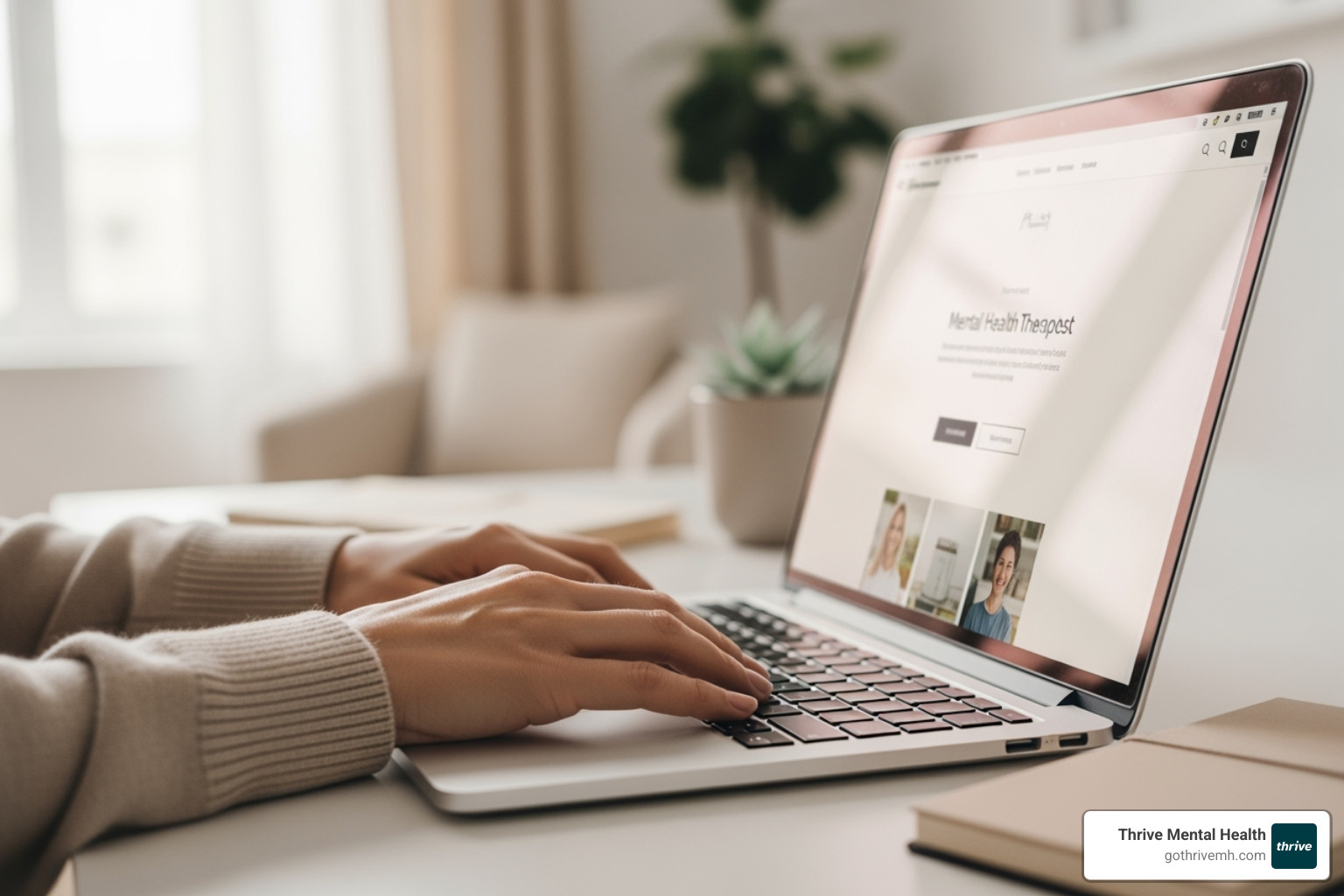 A person's hands typing on a laptop, with a therapist directory website on the screen, illustrating the process of finding mental health support online. - mental health counseling tampa