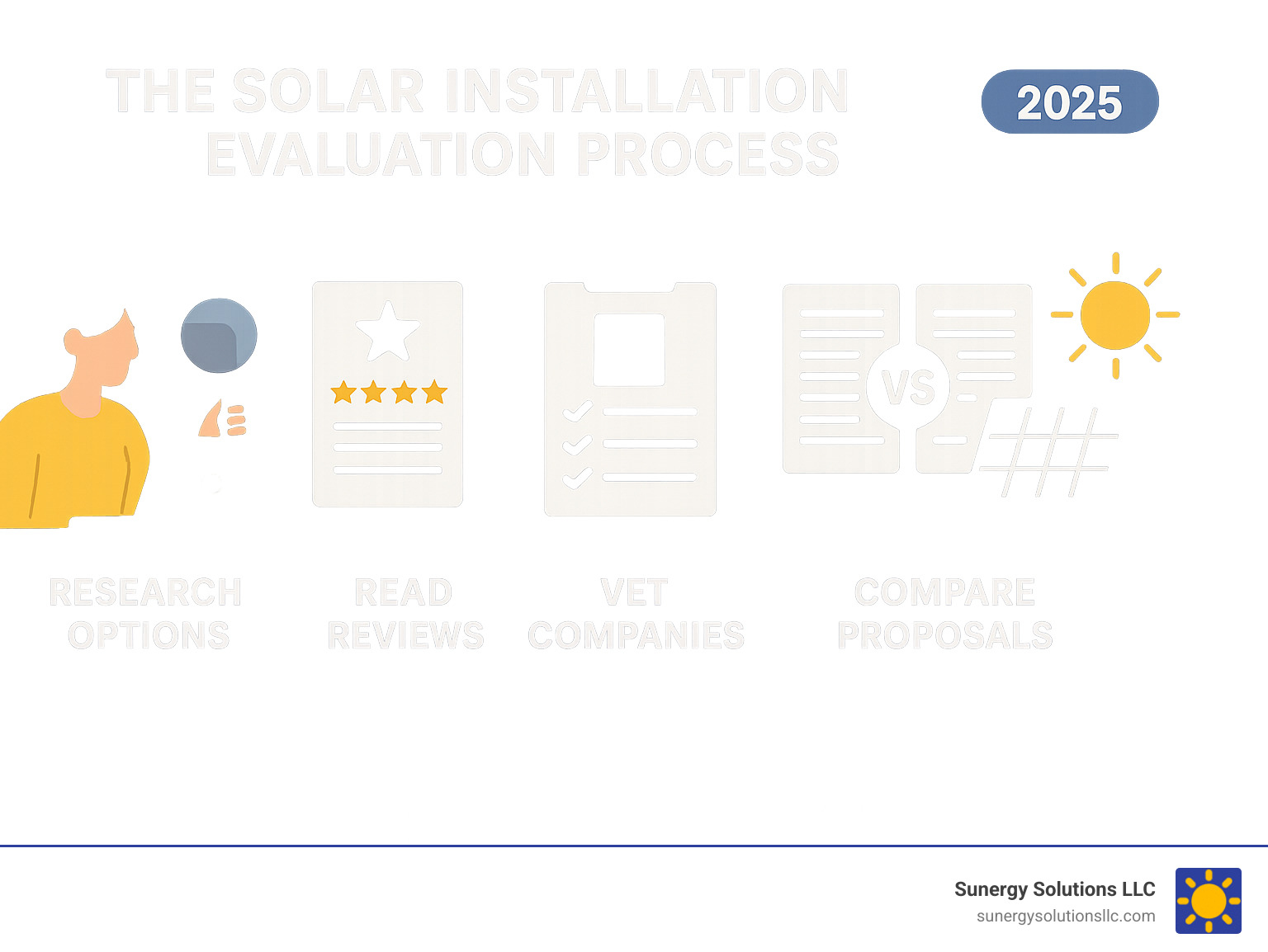 Comprehensive guide showing the solar installation evaluation process from initial research through reading reviews, vetting companies, comparing proposals, to final installation and long-term satisfaction - solar panel installation reviews infographic 