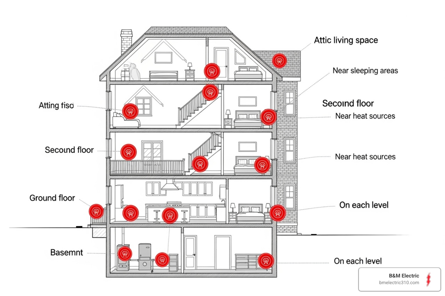 Diagram showing correct CO detector placement in a multi-story home - carbon monoxide detector installation