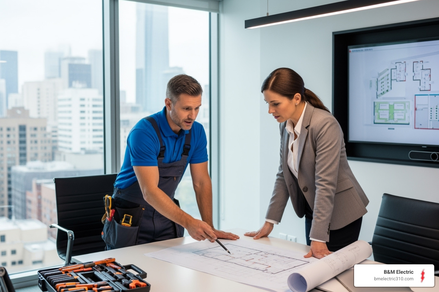 an electrician consulting with a business owner in an office setting - electrician redondo beach ca