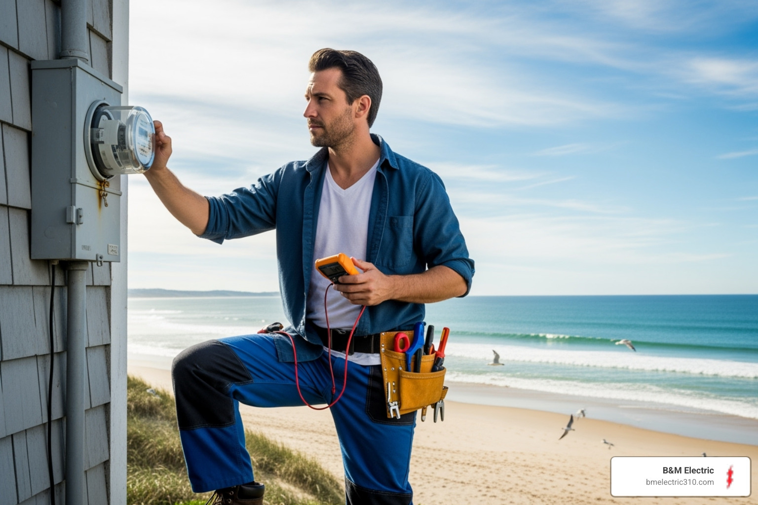 an electrician inspecting an outdoor electrical meter near the coast - electrician redondo beach ca