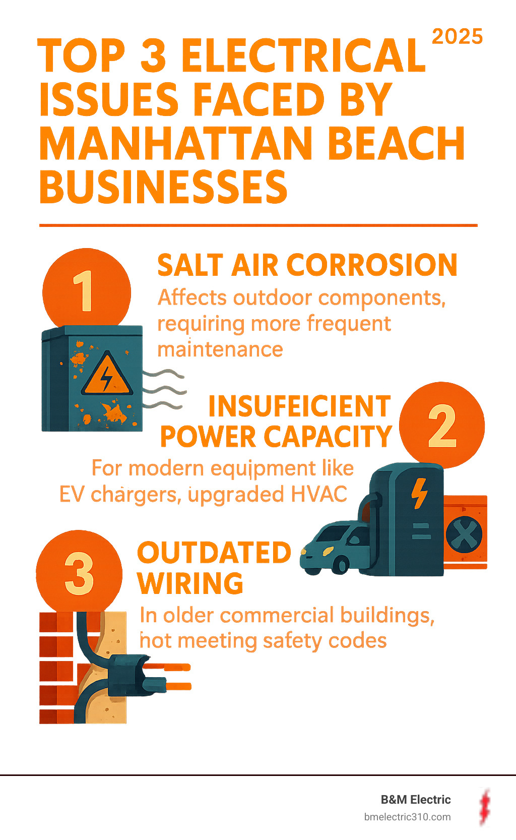 Infographic showing the top 3 electrical issues faced by Manhattan Beach businesses: 1) Salt air corrosion affecting outdoor electrical components and requiring more frequent maintenance, 2) Insufficient power capacity for modern equipment like EV chargers and upgraded HVAC systems, 3) Outdated wiring in older commercial buildings not meeting current safety codes - commercial electrician manhattan beach infographic Infographic showing the top 3 electrical issues faced by Manhattan Beach businesses: 1) Salt air corrosion affecting outdoor electrical components and requiring more frequent maintenance, 2) Insufficient power capacity for modern equipment like EV chargers and upgraded HVAC systems, 3) Outdated wiring in older commercial buildings not meeting current safety codes - commercial electrician manhattan beach infographic