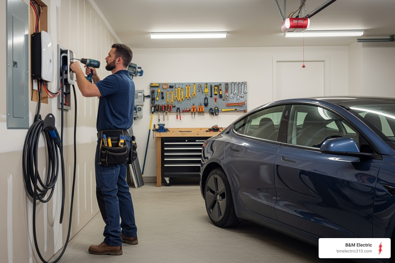 electrician installing an EV charger next to an electric vehicle in a garage - Rancho Palos Verdes electrician