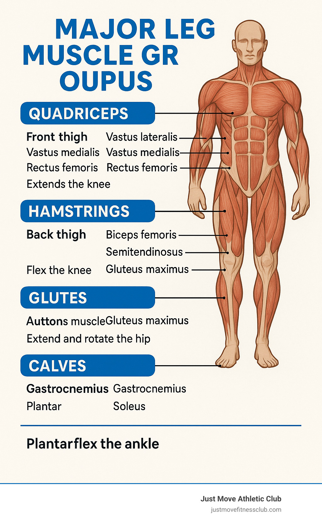 Infographic showing the four major leg muscle groups: quadriceps (front thigh with four muscles - vastus lateralis, vastus medialis, vastus intermedius, rectus femoris), hamstrings (back thigh with three muscles - biceps femoris, semitendinosus, semimembranosus), glutes (buttocks muscles including gluteus maximus), and calves (lower leg with gastrocnemius and soleus muscles), with labels and brief function descriptions for each group - mass building leg workout infographic 